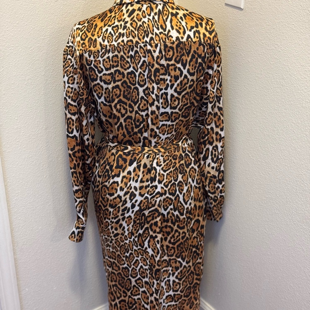 Boston Proper Animal Cheetah Print Satin Shirt Dress Belted Tie Front XS S - Picture 3 of 9